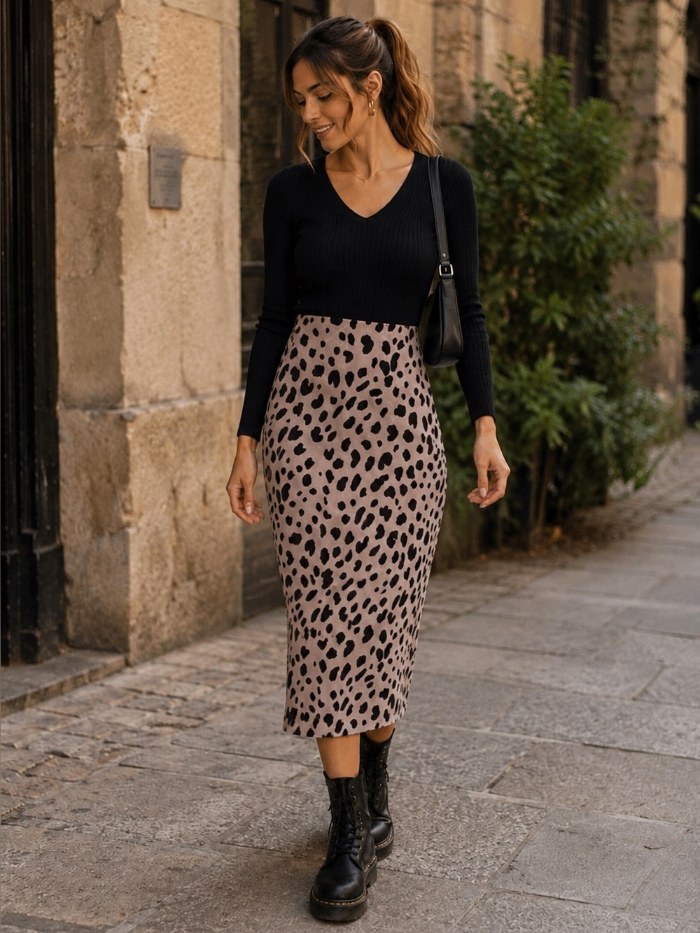 Women's Taupe Leopard Print Midi Skirt